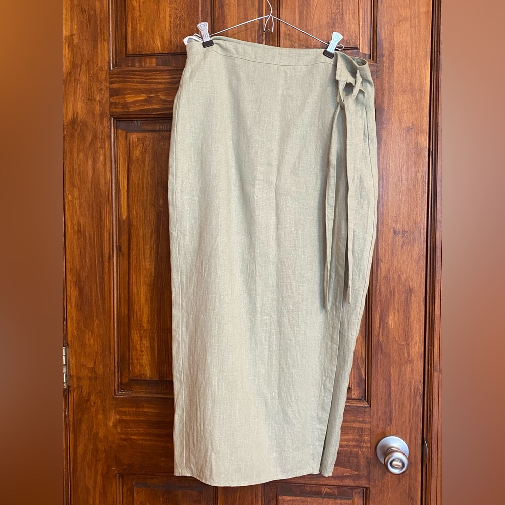 Whimsy + Row Midi Tie-Waist Linen Blend Skirt in Sage Green